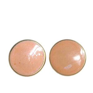 Vintage 80s Gold Tone & Peach Pearl Powder Round Stud Enamel Earrings